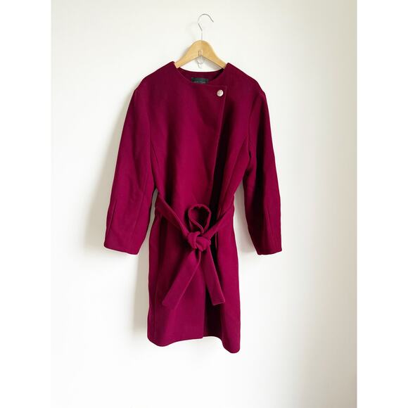 Ann Taylor NWOT Tie Waist Coat Wool Deep Red Wine Burgundy XXL - Picture 2 of 6